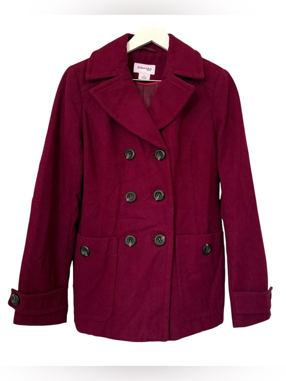 St. John's Bay Wool Blend Double Breasted Peacoat Women Size Medium Burgundy